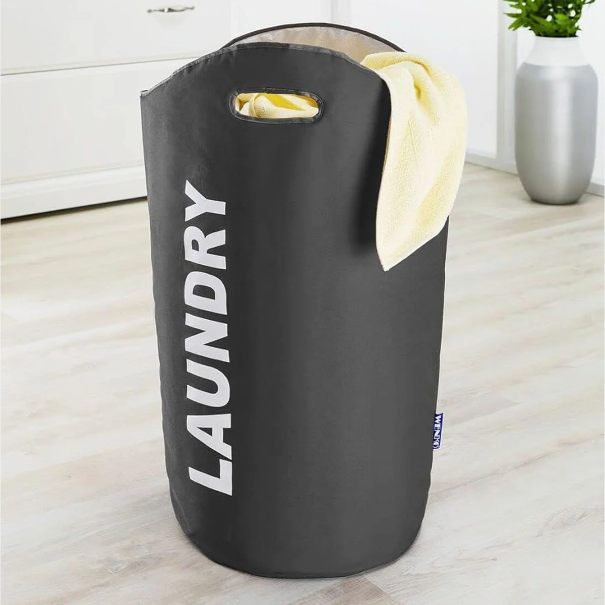 WENKO Wäschesack, 65 l, aus langlebigem Polyester, Dunkelgrau mit Tragegriffen 2