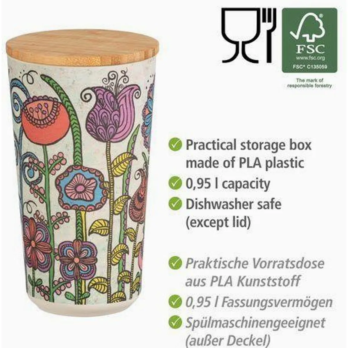 WENKO Vorratsdose Flowers, luftdicht, aus PLA-Kunststoff mit Bambusdeckel 4