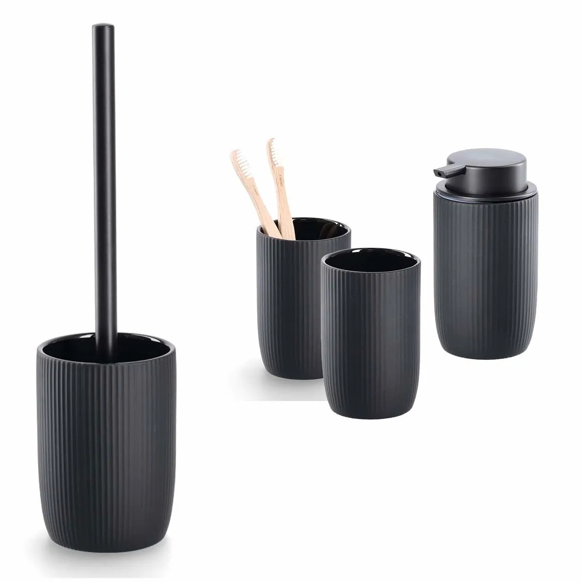 Zeller Badaccessoire-Set 4-teilig, Keramik Schwarz mit Rillenoptik