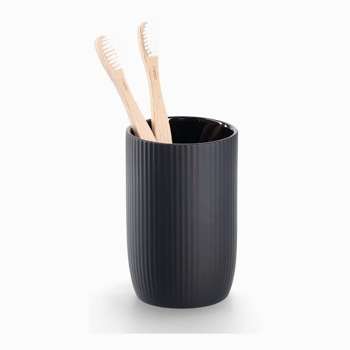 Zeller Badaccessoire-Set 4-teilig, Keramik Schwarz mit Rillenoptik 2