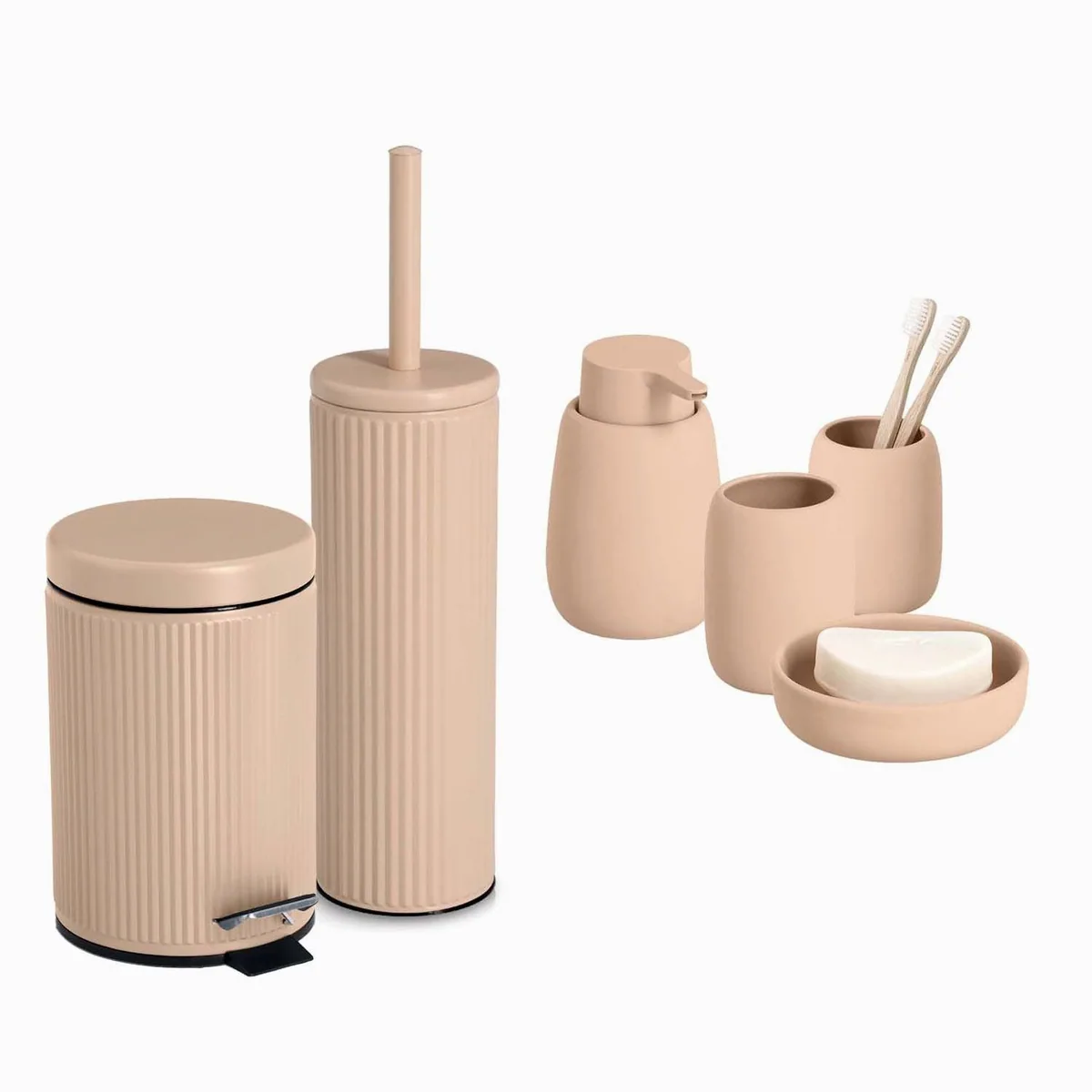 Zeller Badaccessoire-Set, 6-teilig, Keramik, Mandel — stilvolles Design, hygienisch, pflegeleicht